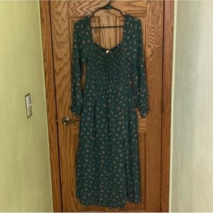 Green smocked long sleeve square neck dress